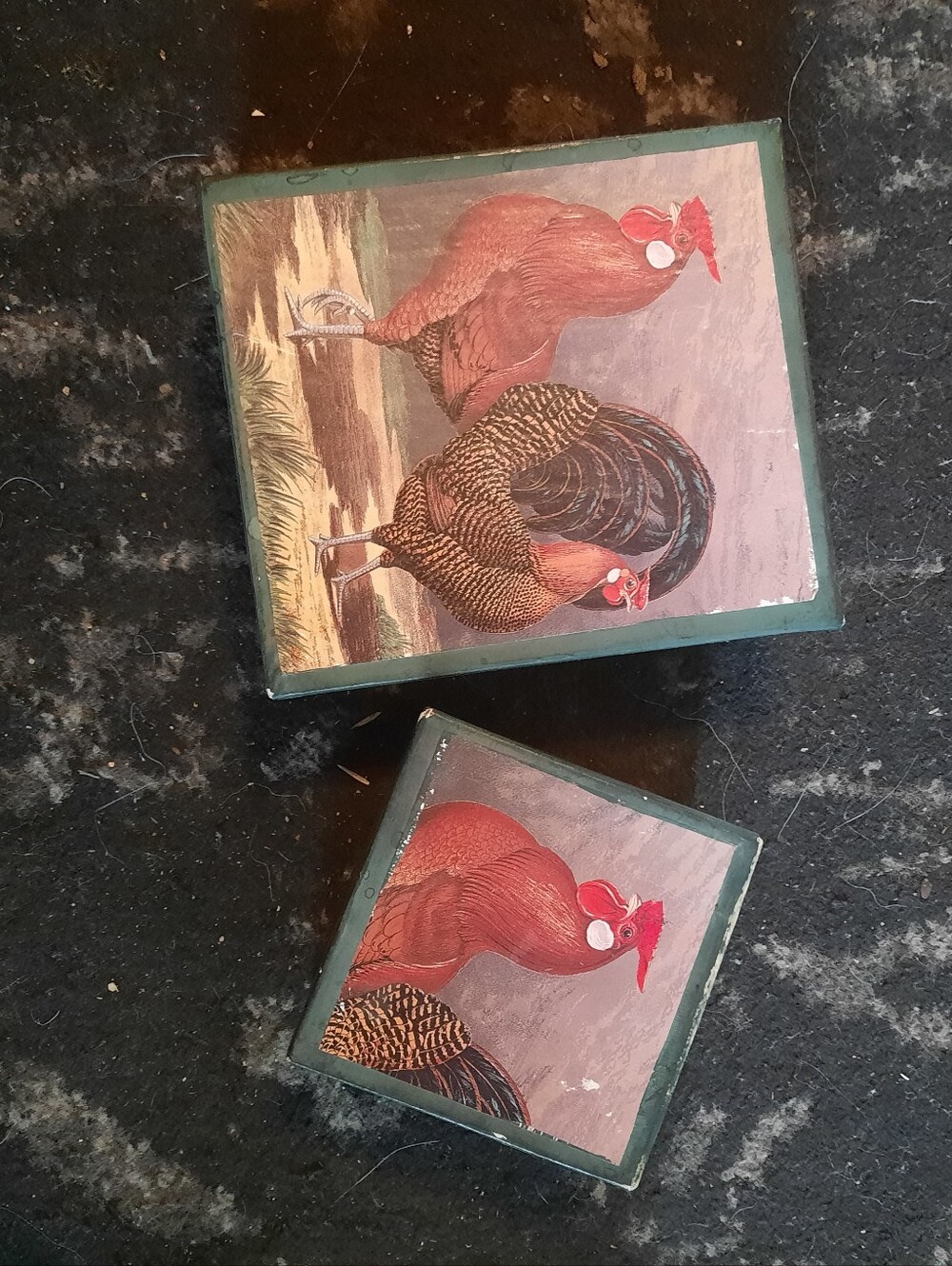 Rooster Art Decorative Boxes- Set of 2 - Red & Green